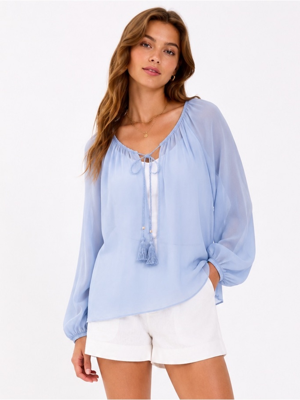 Calypso St. Barth Silk Blouse Braided Tie Tassel Neck Light Blue XS